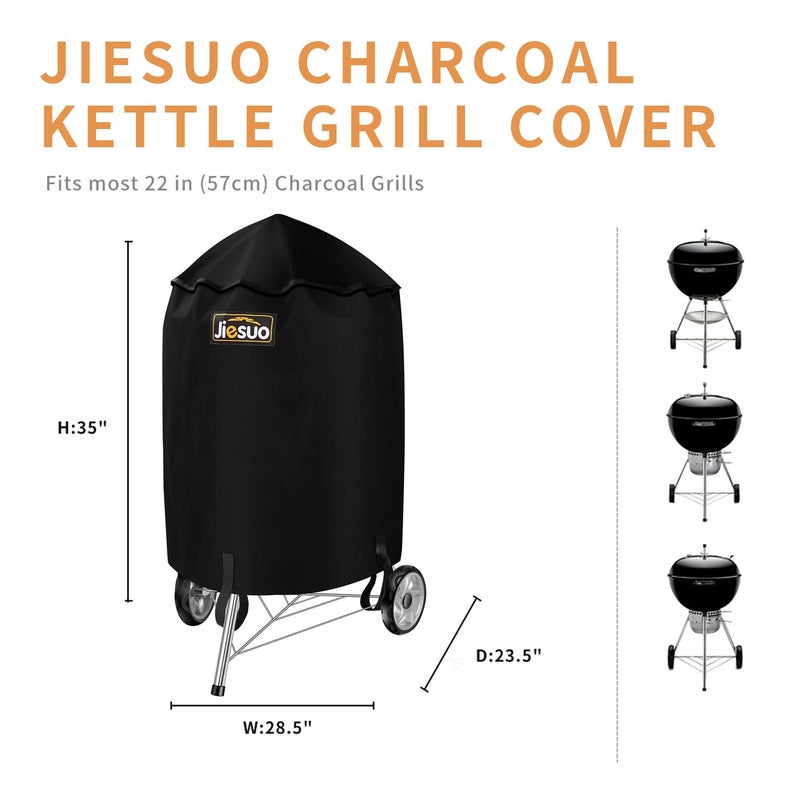 Jiesuo BBQ Grill Cover for Weber Charcoal Kettle: Heavy Duty Waterproof 22 Inch Weather Resistant Barbeque Grill Covers - Image 2